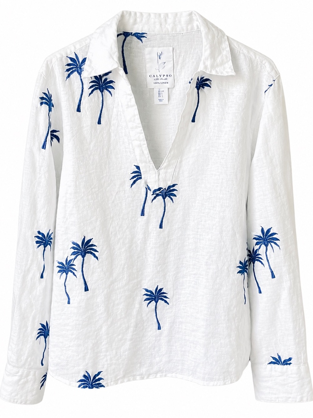 Calypso St. Barth 100% Linen Palm Tree Embroidered Popover Top White Blue L